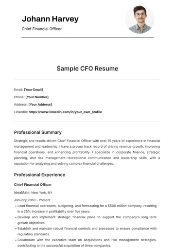 Free Sample CFO Resume Template to Edit Online