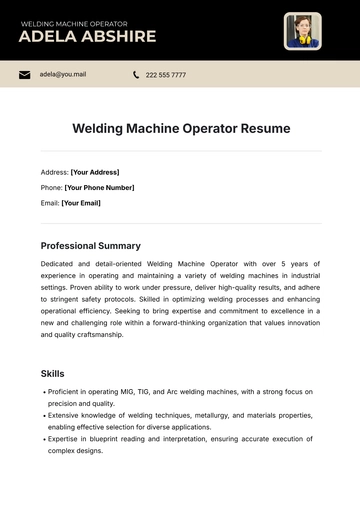 Free Welding Machine Operator Resume Template to Edit Online