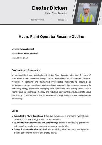 Free Hydro Plant Operator Resume Outline Template to Edit Online