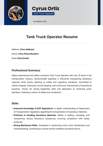 Free Tank Truck Operator Resume Template to Edit Online