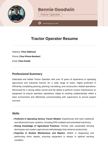 Free Tractor Operator Resume Template to Edit Online