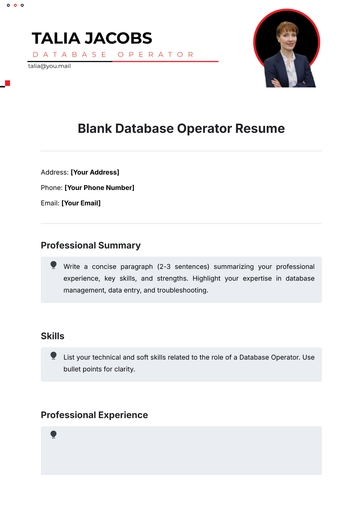 Free Blank Database Operator Resume Template to Edit Online