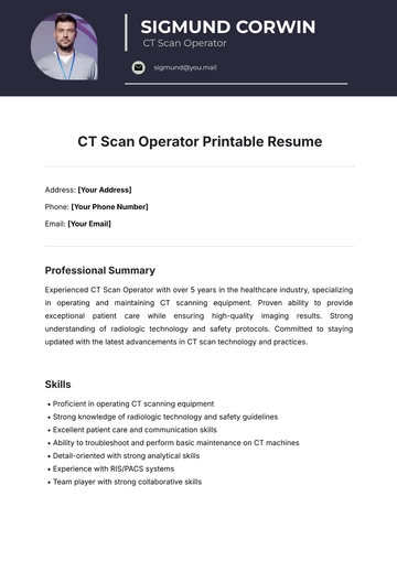 Free CT Scan Operator Printable Resume Template to Edit Online
