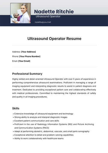Free Ultrasound Operator Resume Template to Edit Online