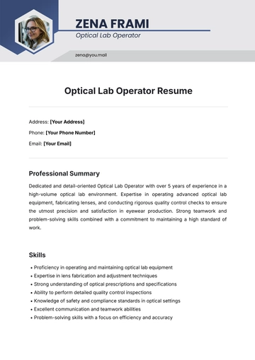 Free Optical Lab Operator Resume Template to Edit Online