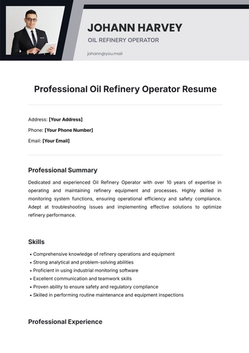 Free Professional Oil Refinery Operator Resume Template to Edit Online