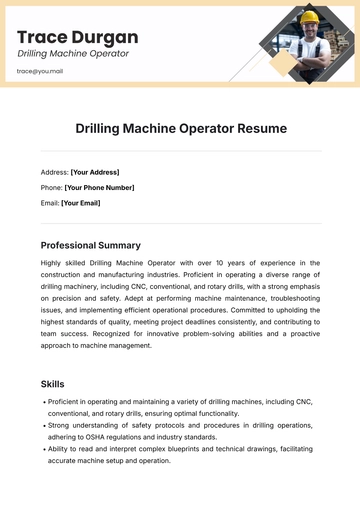 Free Drilling Machine Operator Resume Template to Edit Online