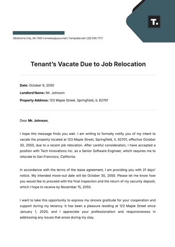 Free Tenant’s Vacate Due to Job Relocation Template to Edit Online