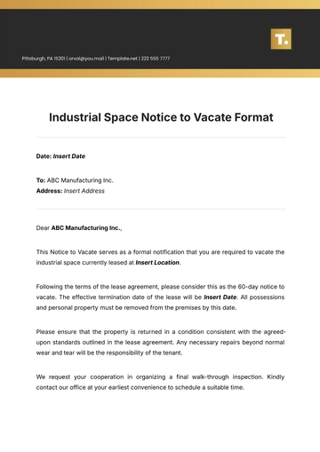 Free Industrial Space Notice to Vacate Format Template to Edit Online
