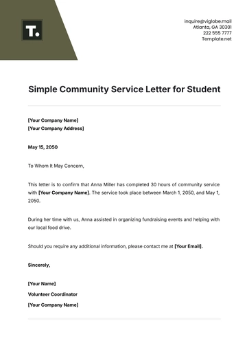 Free Simple Community Service Letter for Student Template to Edit Online