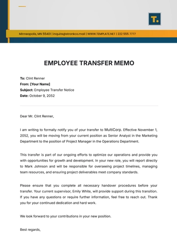 Free Employee Transfer Memo Template to Edit Online