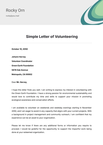 Free Simple Letter of Volunteering Template to Edit Online