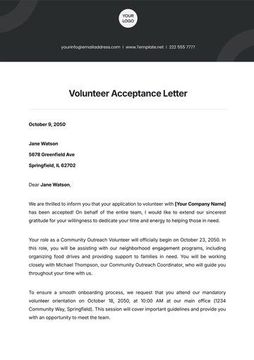Free Volunteer Acceptance Letter Template to Edit Online