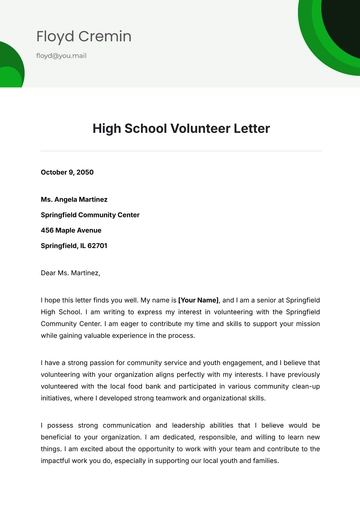 Free High School Volunteer Letter Template to Edit Online