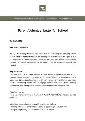 Free Parent Volunteer Letter for School Template to Edit Online
