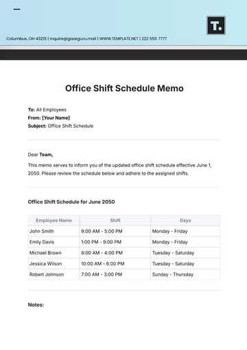 Free Office Shift Schedule Memo Template to Edit Online
