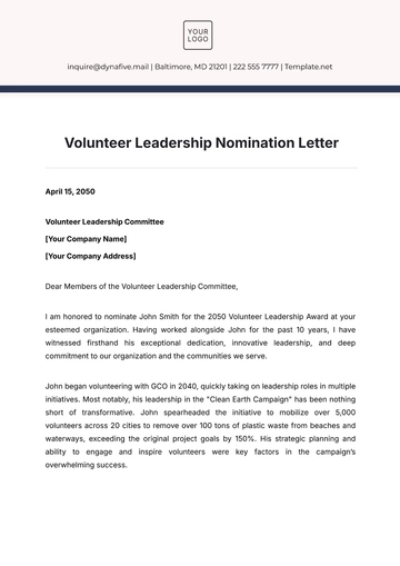 Free Volunteer Leadership Nomination Letter Template to Edit Online