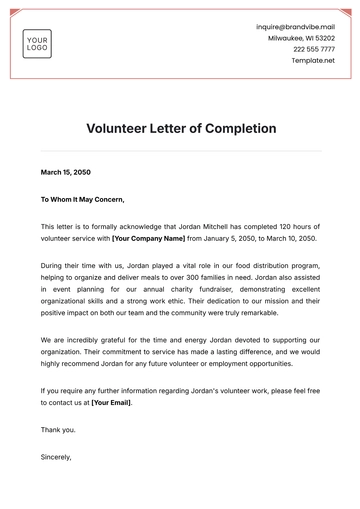 Free Volunteer Letter of Completion Template to Edit Online