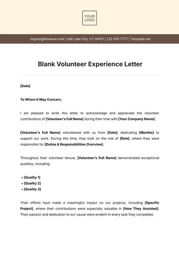 Free Blank Volunteer Experience Letter Template to Edit Online