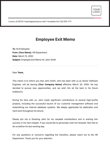 Free Employee Exit Memo Template to Edit Online