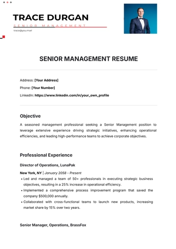 Free Senior Management Resume Template to Edit Online