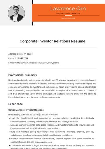 Free Corporate Investor Relations Resume Template to Edit Online
