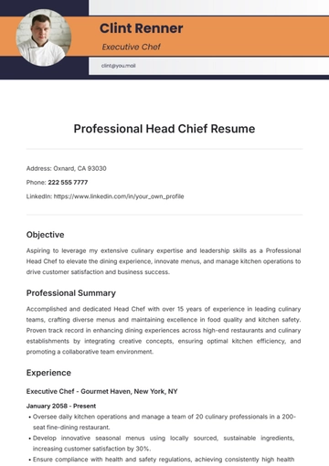 Free Professional Head Chief Resume Template to Edit Online