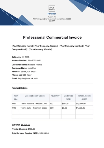 Free Professional Commercial Invoice Template to Edit Online