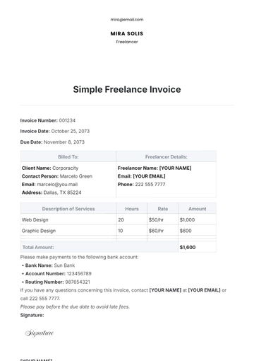 Free Simple Freelance Invoice Template to Edit Online