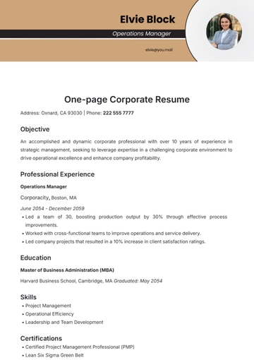 Free One-page Corporate Resume template to Edit Online