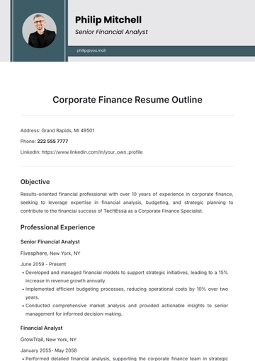Free Corporate Finance Resume Outline Template to Edit Online