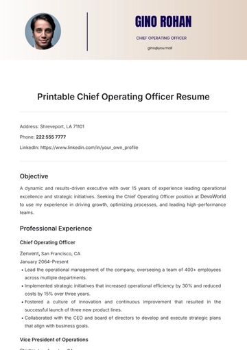 Free Printable Chief Operating Officer Resume Template to Edit Online