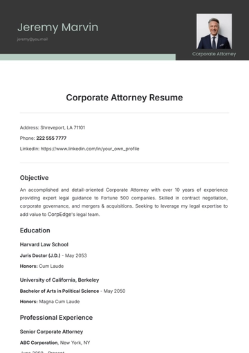 Free Corporate Attorney Resume Template to Edit Online