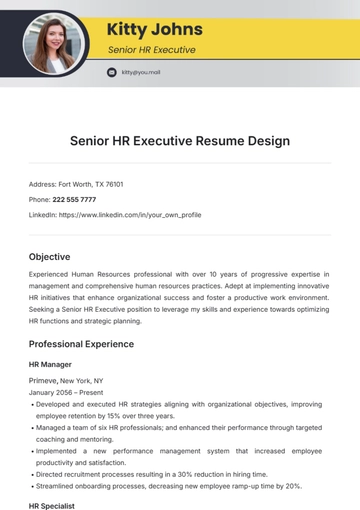 Free Senior HR Executive Resume Design Template to Edit Online