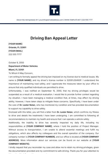 Free Driving Ban Appeal Letter Template to Edit Online