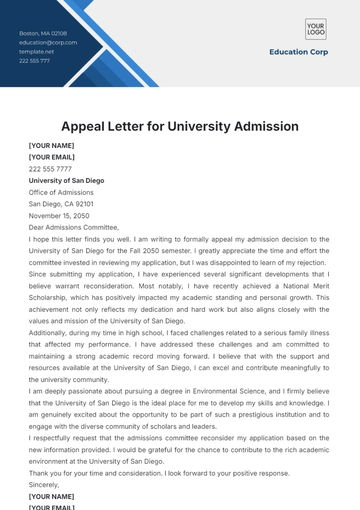 Free Appeal Letter for University Admission Template to Edit Online