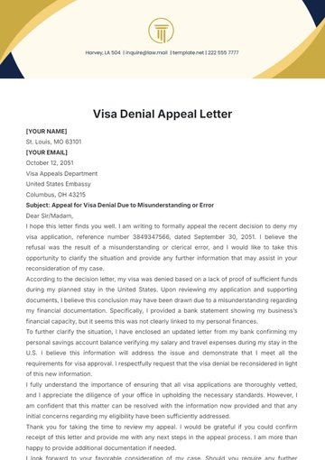 Free Visa Denial Appeal Letter Template to Edit Online
