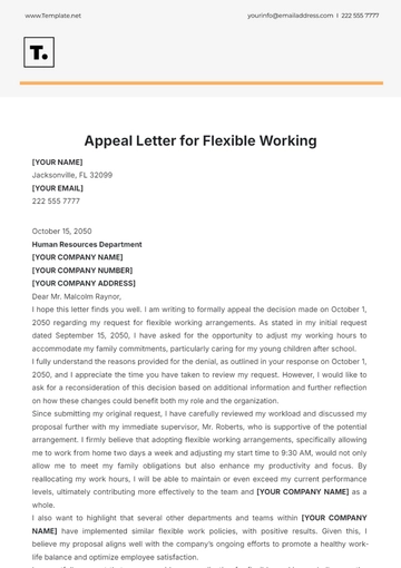 Free Appeal Letter for Flexible Working Template to Edit Online