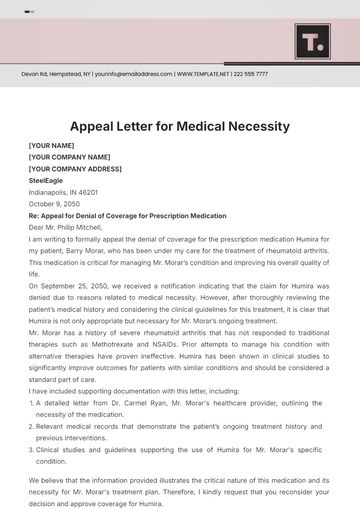 Free Appeal Letter for Medical Necessity Template to Edit Online