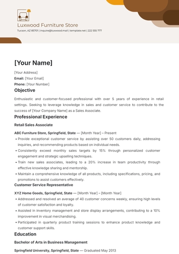 Free Furniture Store Resume Template to Edit Online