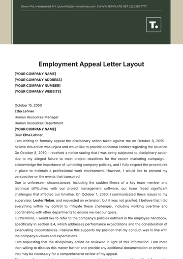Free Employment Appeal Letter Layout Template to Edit Online