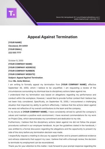 Free Appeal Against Termination Template to Edit Online