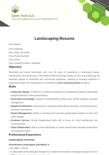 Free Landscaping Resume Template to Edit Online