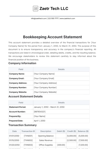 Free Bookkeeping Account Statement Template to Edit Online