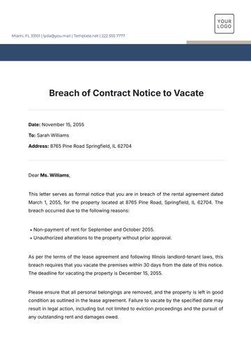 Free Breach of Contract Notice to Vacate Template to Edit Online