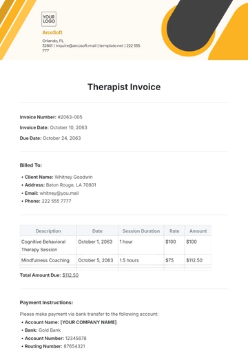 Free Therapist Invoice Template to Edit Online
