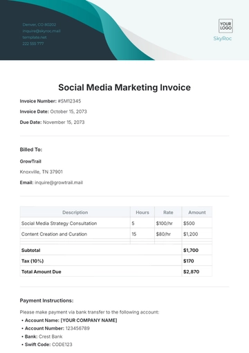 Free Social Media Marketing Invoice Template to Edit Online