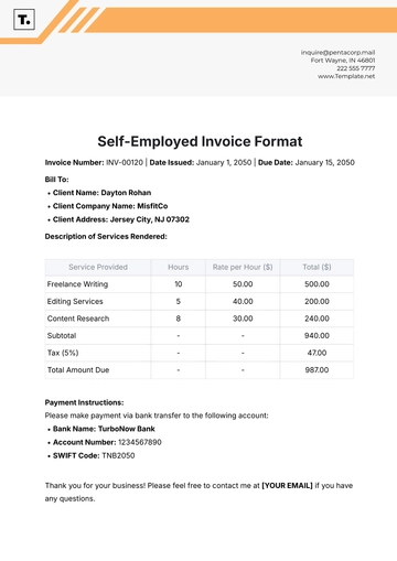 Free Self-Employed Invoice Format Template to Edit Online