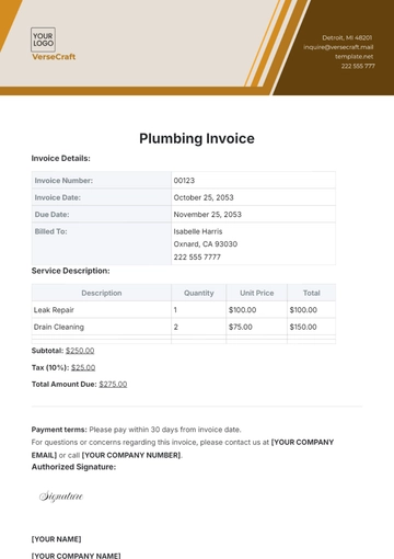 Free Plumbing Invoice Template to Edit Online