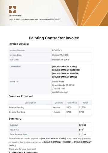 Free Painting Contractor Invoice Template to Edit Online